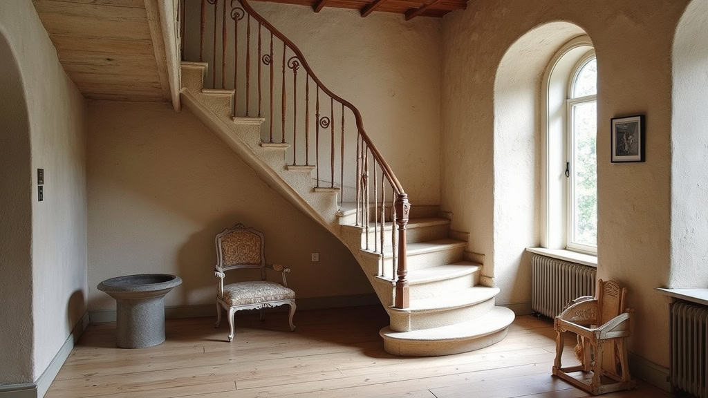 Monte-escalier tournant installé sur un escalier en colimaçon dans une maison ancienne de Perrignier