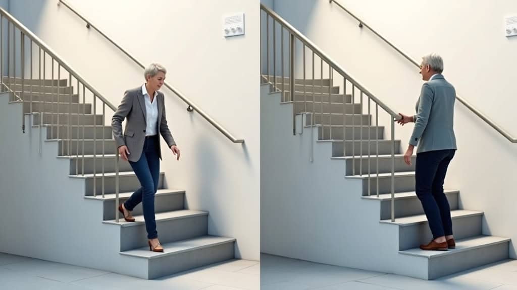 Comparatif avant/après : escalier vide et difficile à emprunter vs escalier avec monte-escalier discret et une personne âgée qui monte en toute sécurité