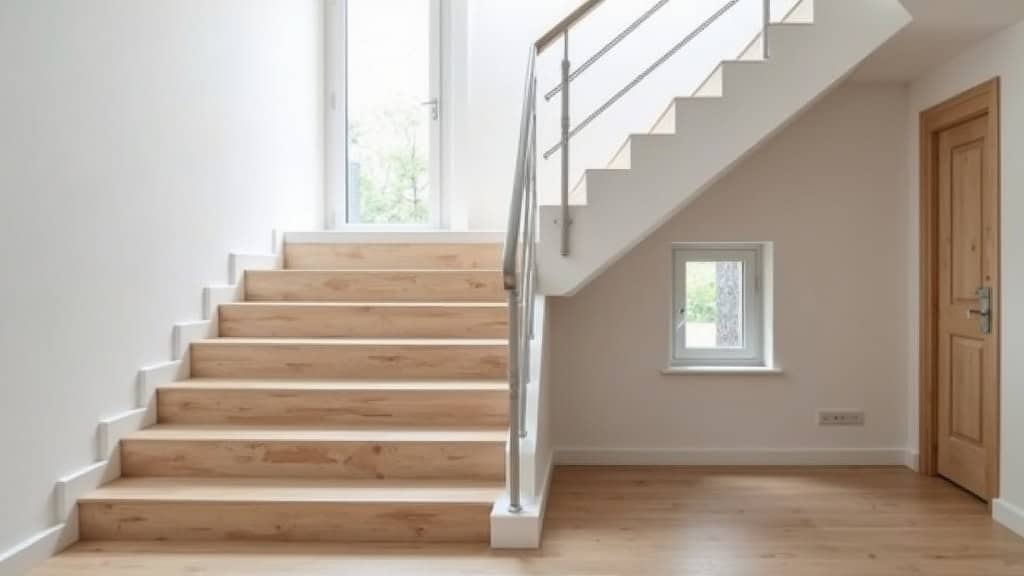 Monte-escalier droit en aluminium blanc intégré dans un escalier en bois clair, dans une maison à Pers-Jussy, avec une fenêtre en arrière-plan