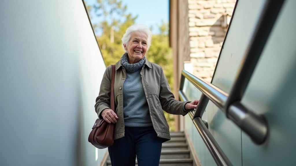 Personne âgée utilisant un monte-escalier droit à Petite-Île, souriante, en train de monter les marches en sécurité