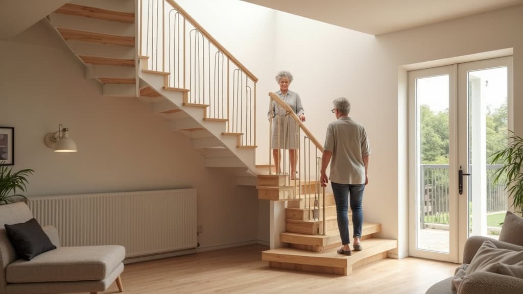 Personne âgée utilisant un monte-escalier pour monter tranquillement les marches dans une maison de Peyrestortes