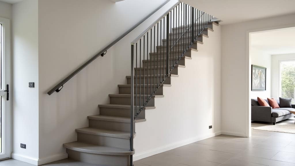 Monte-escalier courbe installé dans un intérieur de maison à Phalempin, avec siège en gris et rail discret sur les marches