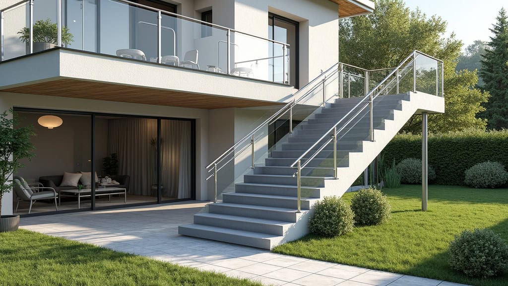 Monte-escalier extérieur installé sur un escalier de jardin à Phalempin, avec siège en aluminium et rail résistant aux intempéries
