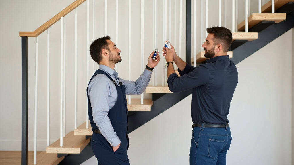 Technicien en train de mesurer un escalier courbe à Picauville pour une installation sur mesure