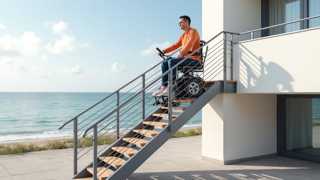 Plateforme monte-escalier installée dans une maison de Piriac-sur-Mer, transportant un fauteuil roulant avec une personne à bord, rails en acier avec revêtement antidérapant