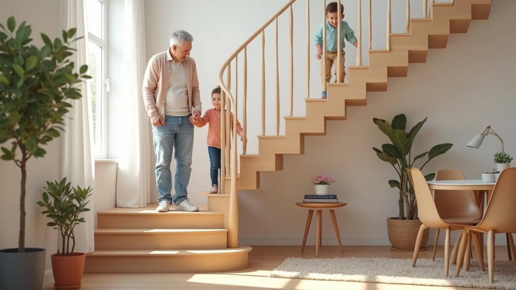 Famille heureuse dans une maison de Pirou avec monte-escalier tournant : grand-parents et petits-enfants dans l