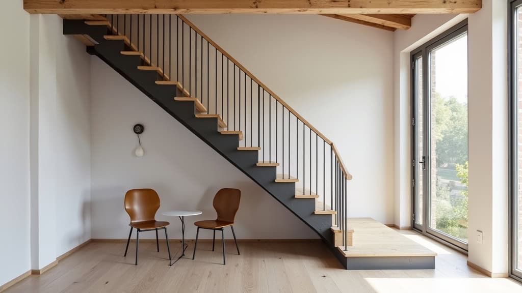 Monte-escalier droit installé dans une maison de Pirou avec escalier en bois et rampe en fer forgé