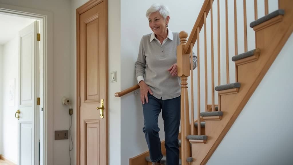 Personne âgée utilisant un monte-escalier courbe dans une maison de Pithiviers, souriante, avec un rail discret et un siège en tissu gris