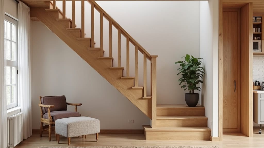 Monte-escalier à siège installé sur un escalier droit en bois dans une maison traditionnelle de Plaine-et-Vallées