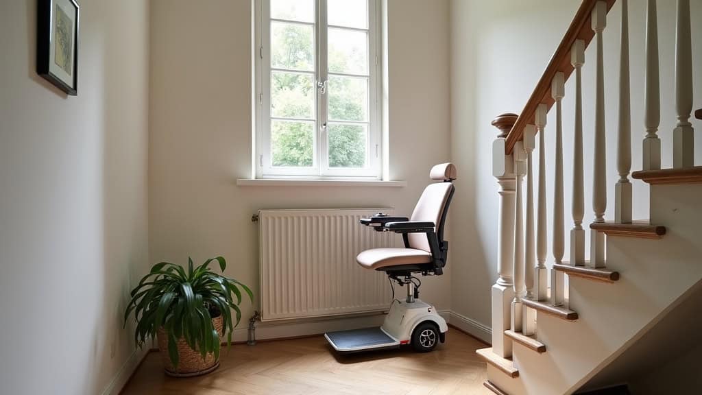 Monte-escalier à plateforme avec un fauteuil roulant électrique en position de montée, dans un escalier en colimaçon de maison ancienne