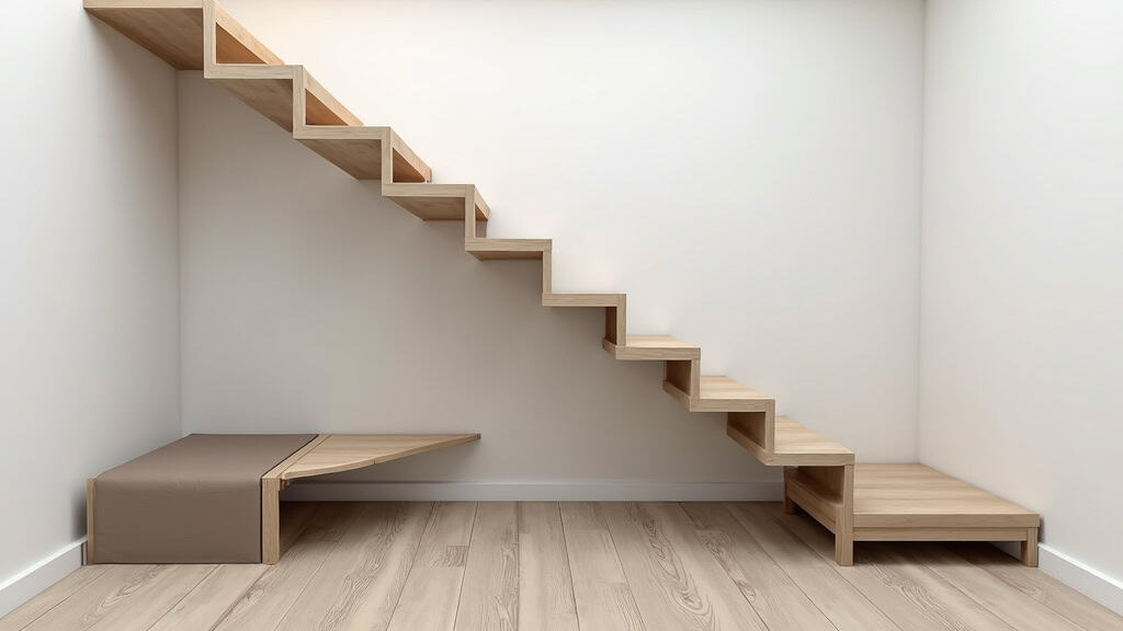 Fonctionnement d’un monte-escalier à plancher-bas : siège en position rabattue le long du mur, libérant entièrement le palier