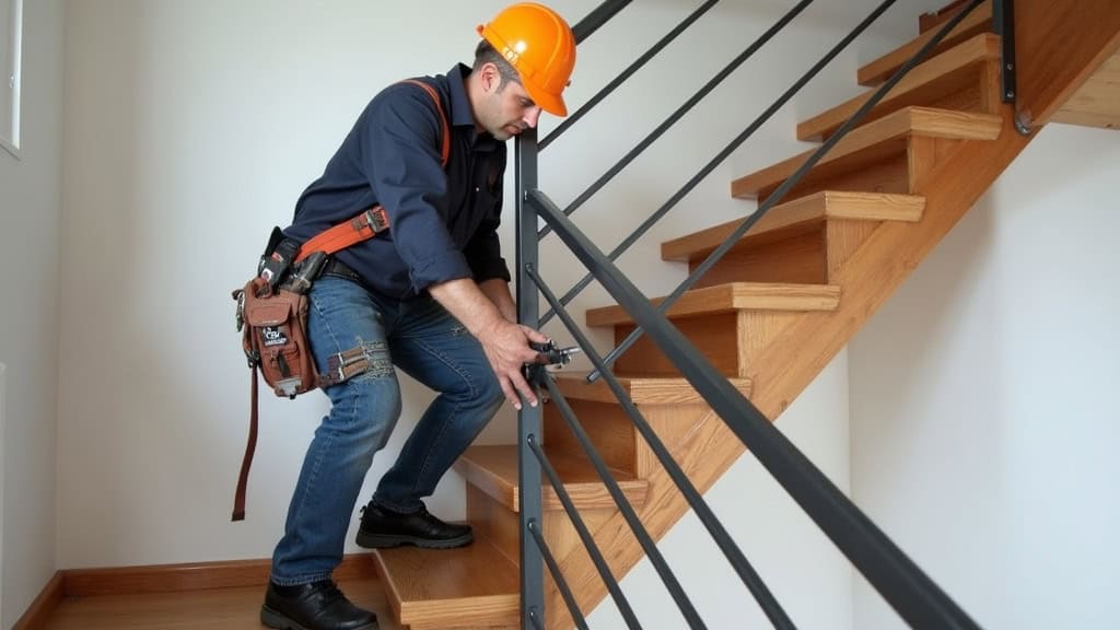 Technicien en train d’installer un rail de monte-escalier à plancher-bas sur un escalier ancien en bois avec rampe en fer forgé