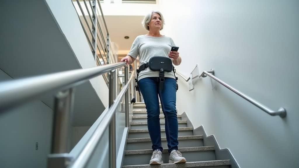 Personne âgée utilisant un monte-escalier à plancher-bas pour descendre en toute sécurité, avec siège en position de conduite et télécommande dans la main