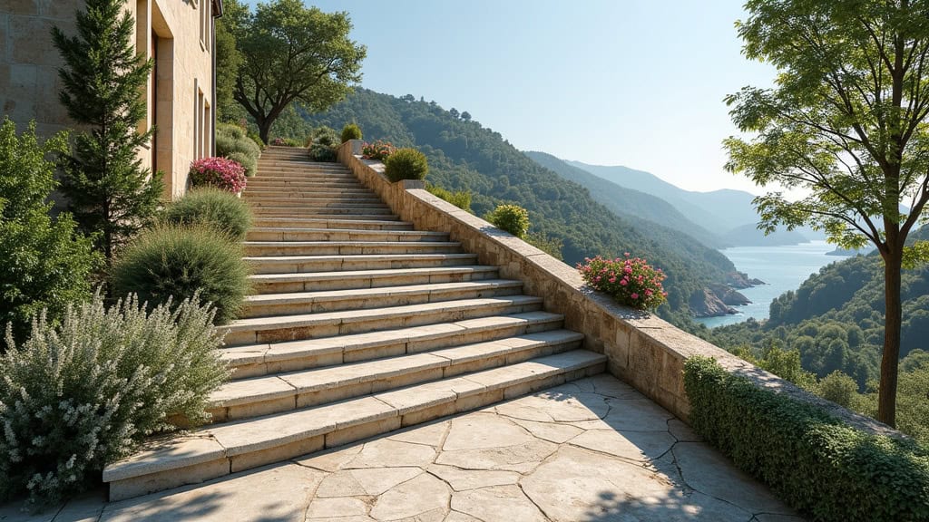 Monte-escalier installé sur un escalier extérieur en pierre, avec vue sur la côte de Pléneuf-Val-André, en plein jour, avec fleurs et arbres en arrière-plan