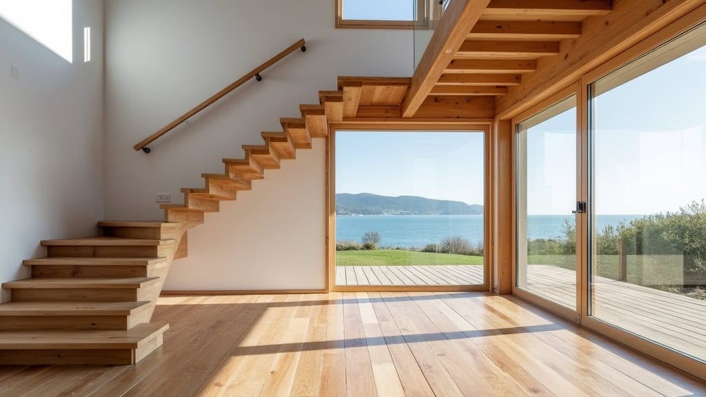 Monte-escalier droit installé sur un escalier en bois dans une maison typique de Pléneuf-Val-André, avec vue sur la baie de la Manche