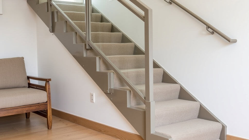 Monte-escalier droit en aluminium anodisé installé sur un escalier en chêne dans une maison typique de Ploudalmézeau, avec un siège en tissu beige et un rail discret