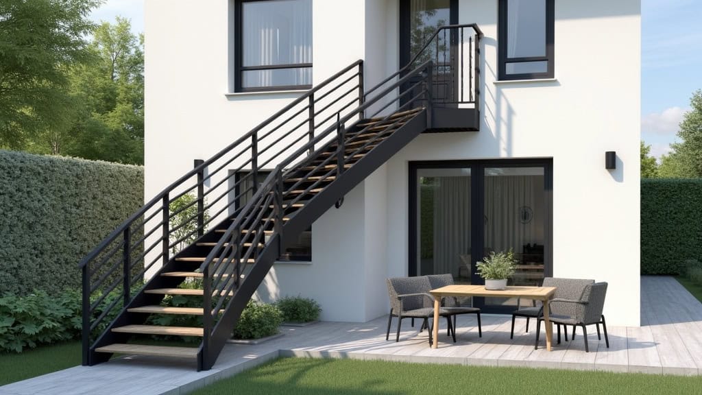Monte-escalier extérieur en aluminium noir installé sur un escalier d