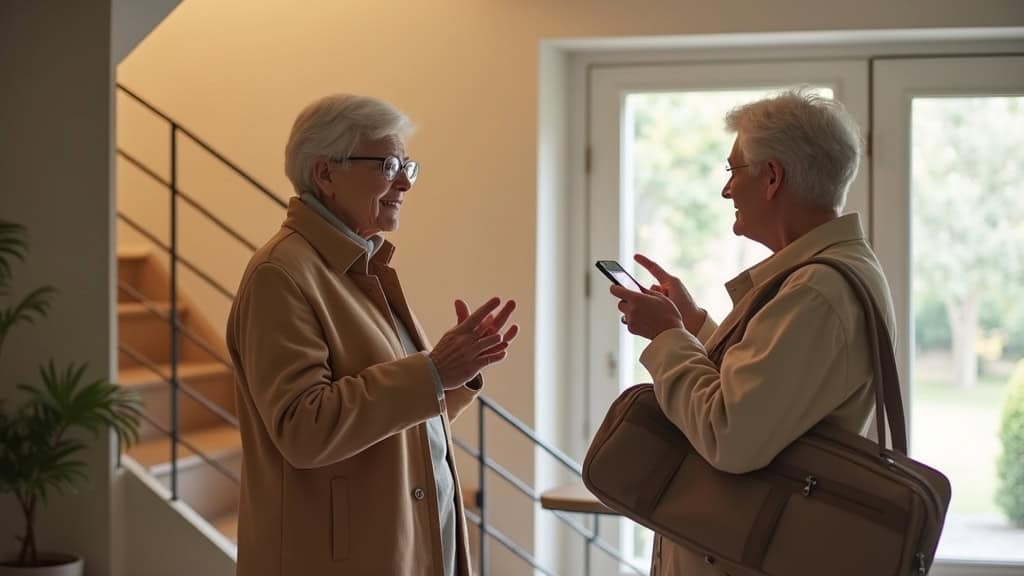Personne âgée utilisant un monte-escalier droit à Plouisy, en 2025, avec une télécommande en main, dans un intérieur chaleureux