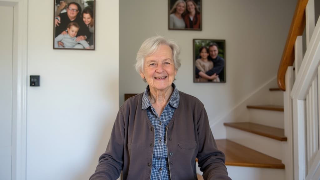 Photo de Mme Le Guen, 78 ans, à Ploulec’h, souriante, en train d’utiliser son monte-escalier pour monter à l’étage, entourée de photos de famille sur le mur