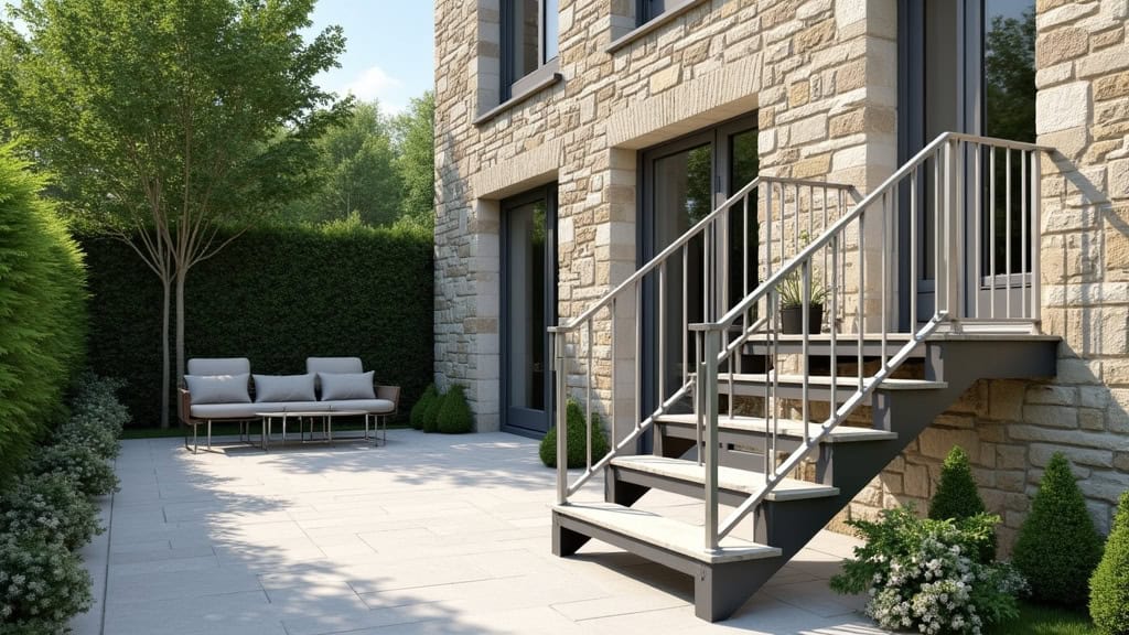 Monte-escalier extérieur en aluminium anodisé installé sur un escalier en pierre menant à une terrasse à Plounévez-Moëdec, avec vue sur le jardin breton