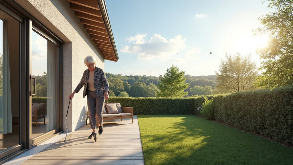 Personne âgée utilisant un monte-escalier extérieur pour accéder à sa terrasse à Plounévez-Moëdec, avec vue sur les jardins bretons et le ciel nuageux