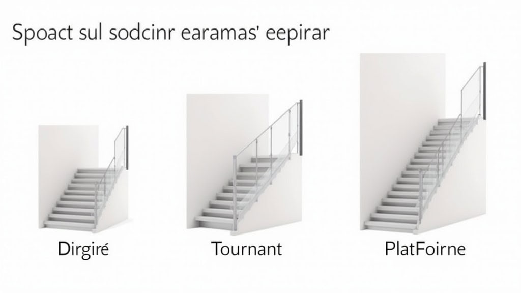 Tableau comparatif visuel des trois types de monte-escalier : droit, tournant et plateforme, illustrant leurs caractéristiques techniques et prix estimés pour un foyer à Plourhan