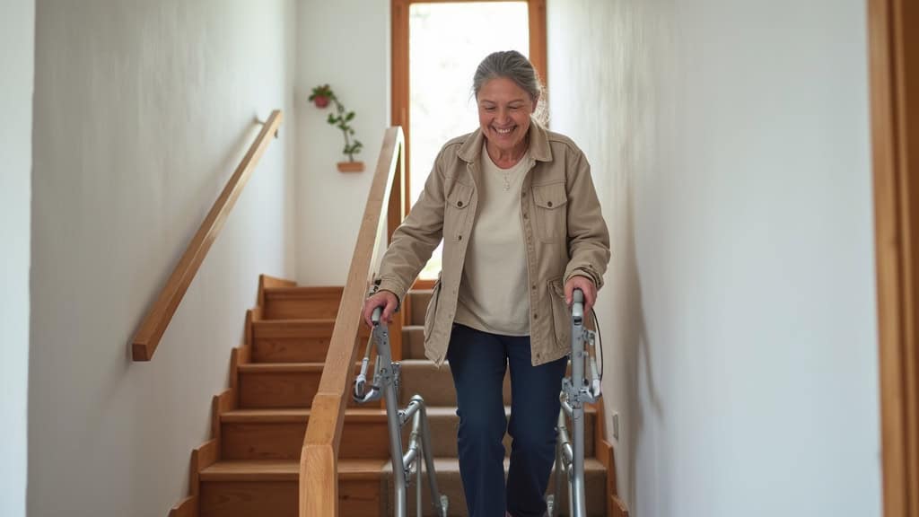 Personne âgée utilisant un monte-escalier tournant dans une maison à Plourhan, souriante, en train de monter les marches avec un siège ergonomique et un dossier inclinable