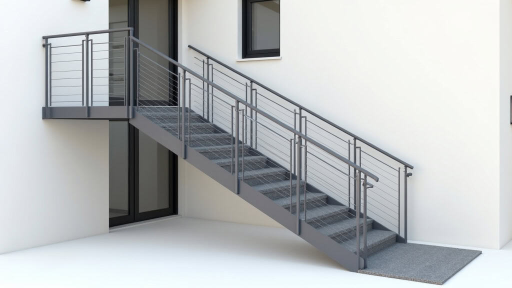 Monte-escalier extérieur installé devant une entrée de maison à Poisy, en aluminium et résistant aux intempéries, avec rampe gris foncé