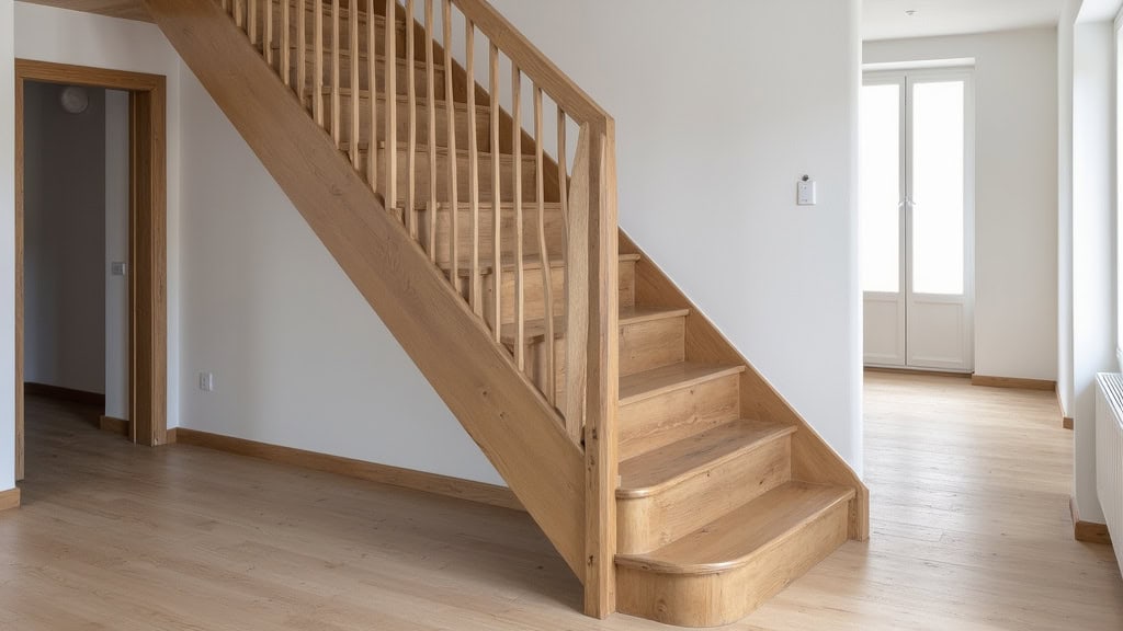 Monte-escalier droit installé dans une maison traditionnelle de Pomarez, avec rail sur les marches en bois et siège ergonomique en gris foncé