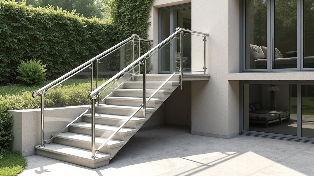 Monte-escalier extérieur installé sur une entrée en pierre à Pomérols, avec rail en aluminium et siège en tissu, pour accéder à une terrasse