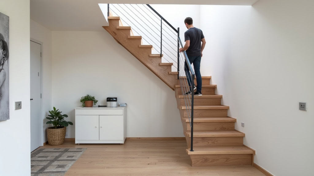Monte-escalier droit installé dans une maison à Pons, avec un utilisateur en train de monter les marches en toute sécurité
