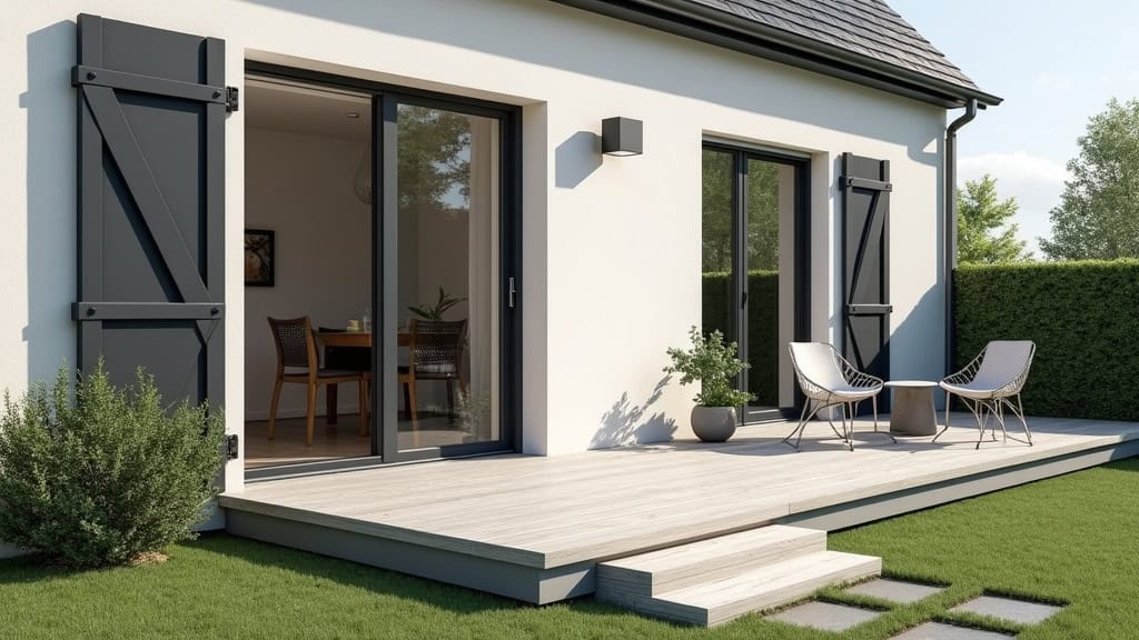 Plateforme élévatrice extérieure installée à l’entrée d’une maison à Pons, permettant à une personne en fauteuil roulant d’accéder à la cour