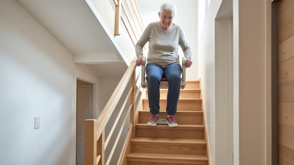 Monte-escalier droit installé sur un escalier en bois dans une maison de Pontault-Combault, avec une personne âgée utilisant le siège en toute sécurité