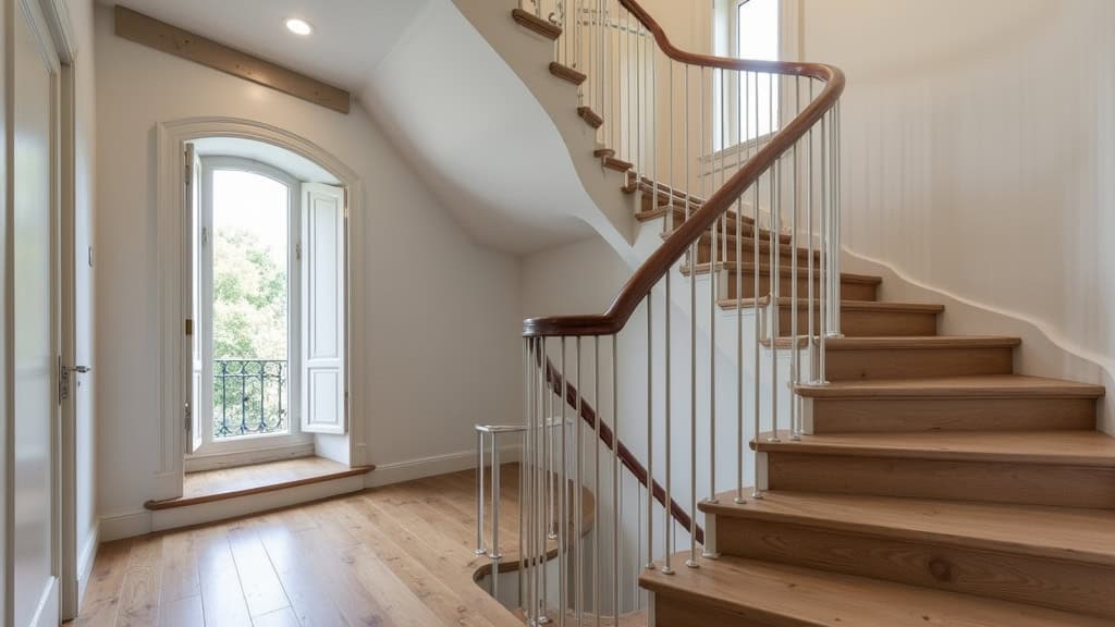 Monte-escalier tournant installé sur un escalier en colimaçon dans une maison ancienne de Pontault-Combault, avec un rail personnalisé épousant les courbes de l’escalier