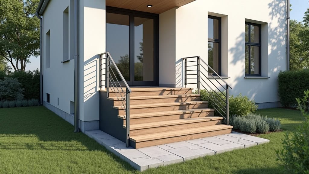 Monte-escalier extérieur installé devant l’entrée d’une maison à Pontault-Combault, avec un siège robuste et un rail résistant aux intempéries