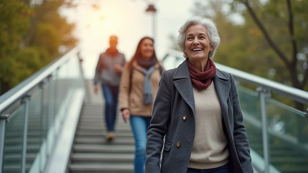 Personne âgée utilisant un monte-escalier droit à Pontenx-les-Forges, souriante, en train de monter les marches en toute sécurité