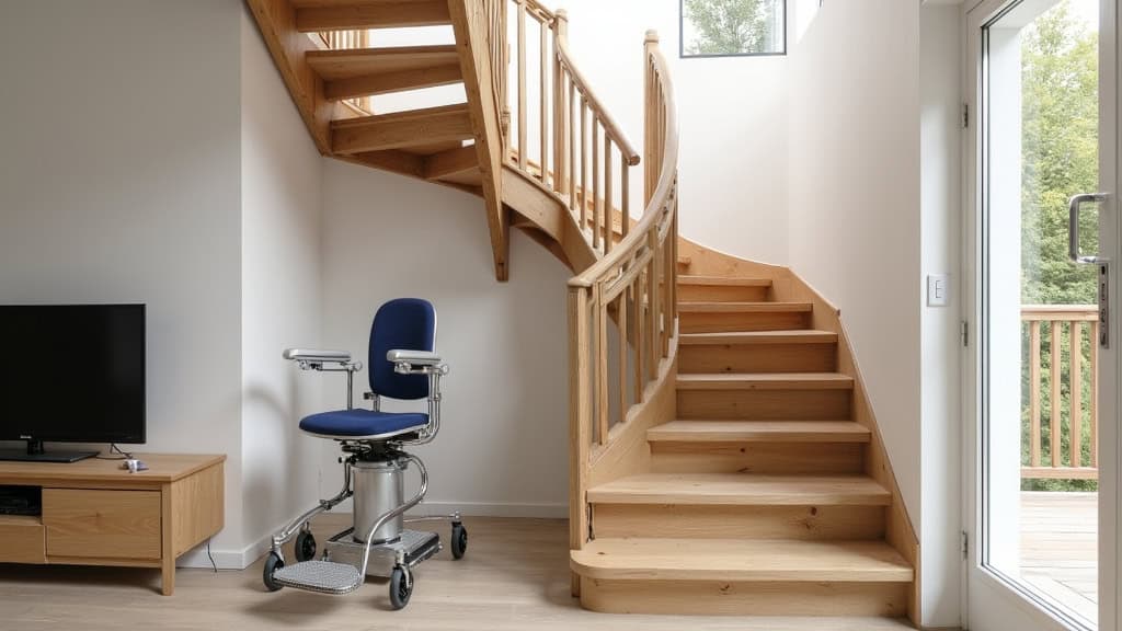 Monte-escalier plateforme avec fauteuil roulant en position montée sur un escalier en bois, à Pontenx-les-Forges, vue latérale