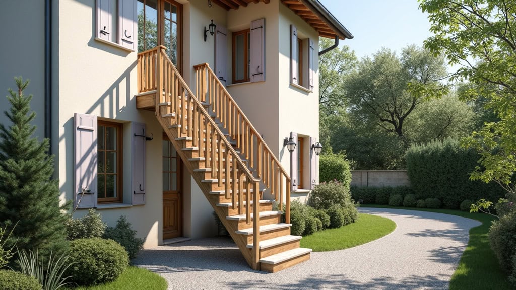 Monte-escalier extérieur résistant aux intempéries sur une maison de village à Portets