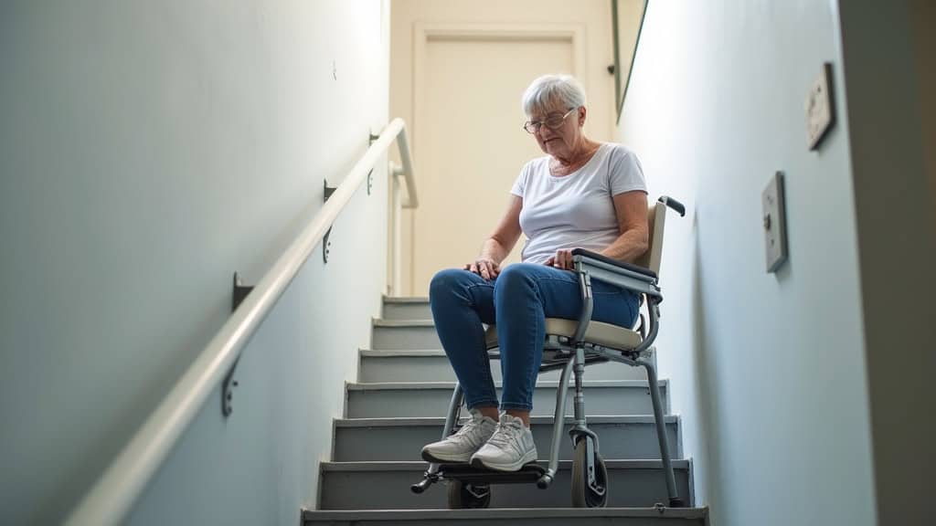 Personne âgée utilisant un siège monte-escalier pour accéder à l