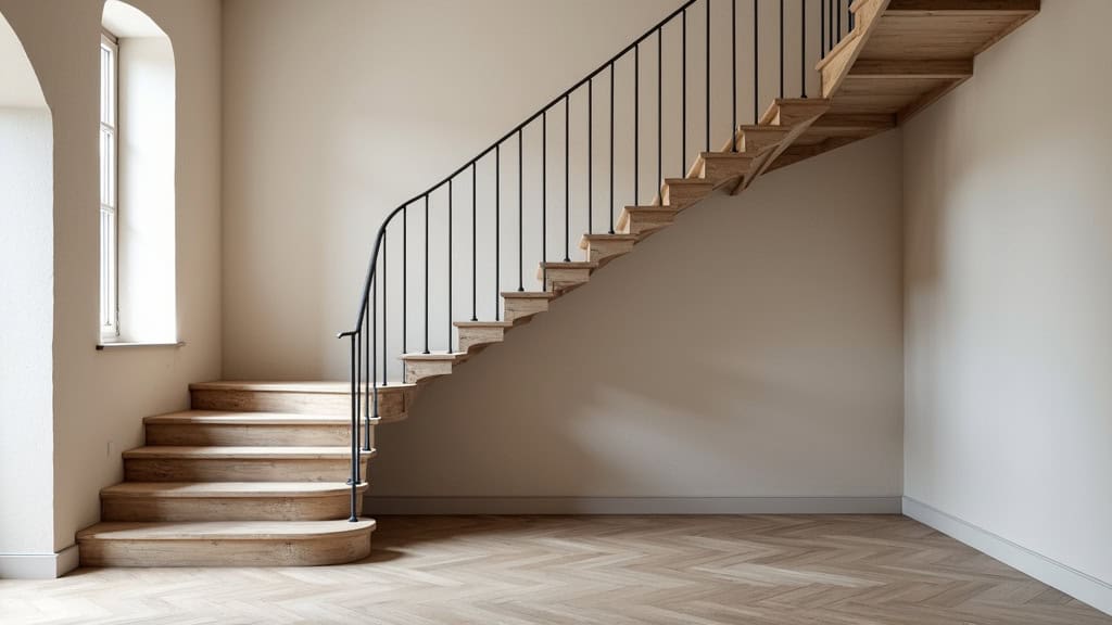 Monte-escalier tournant avec rail flexible qui suit les courbes d’un escalier en colimaçon dans une maison ancienne