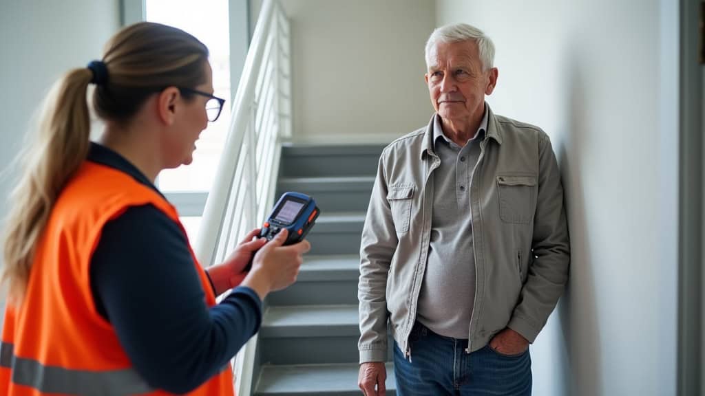 Technicien certifié en train de mesurer un escalier à Poullan-sur-Mer avec un mètre laser, en présence d’un client âgé
