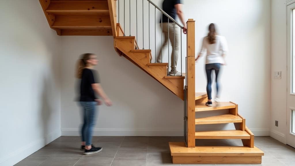 Monte-escalier droit installé dans un escalier en bois à Pouzauges, avec un utilisateur en toute sécurité