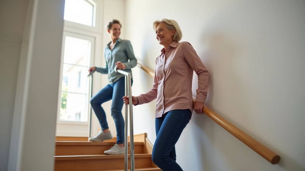 Personne âgée utilisant un monte-escalier droit dans son intérieur à Pouzauges, avec un sourire et un regard serein