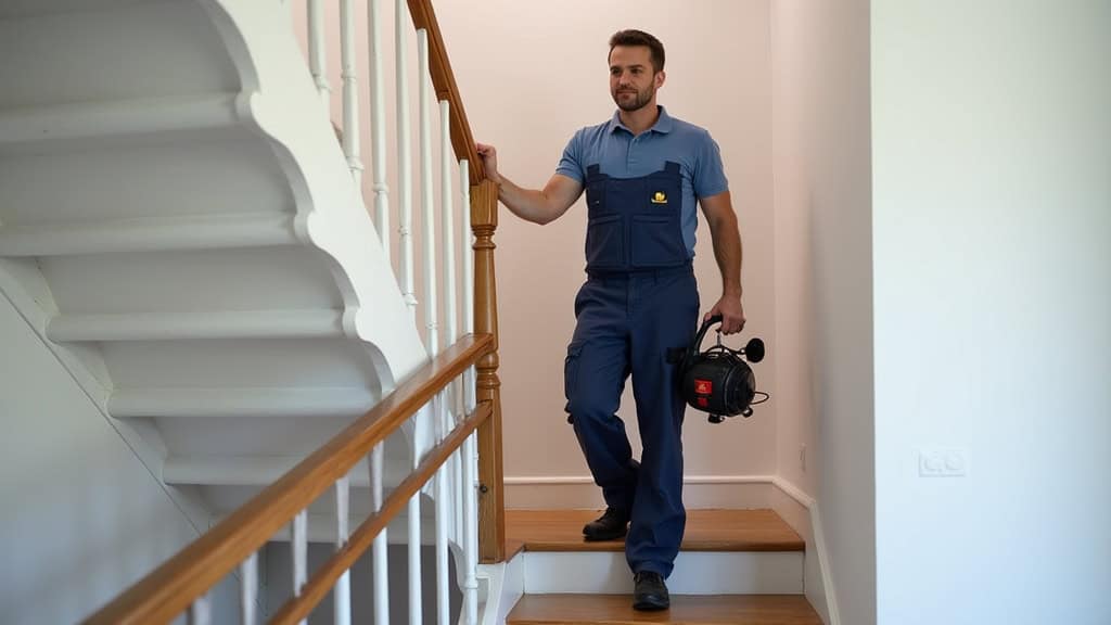 Technicien installant un monte-escalier droit dans une maison à Presles-en-Brie, avec rail fixé sur les marches et siège en place