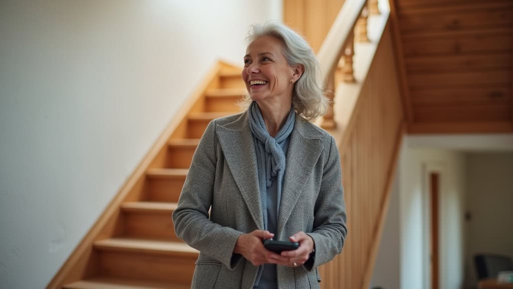 Personne âgée utilisant un monte-escalier à Presles-en-Brie, souriante, avec télécommande en main, dans un intérieur chaleureux