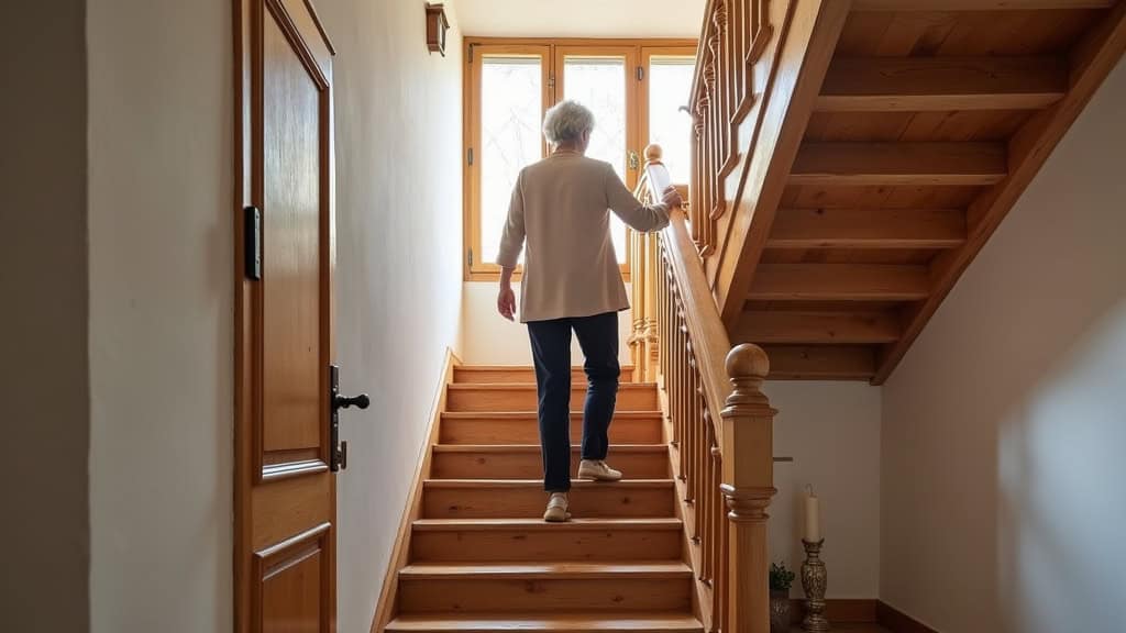 Monte-escalier droit installé sur un escalier en bois dans une maison ancienne à Preuilly-sur-Claise, avec une personne âgée en train de descendre en toute sécurité