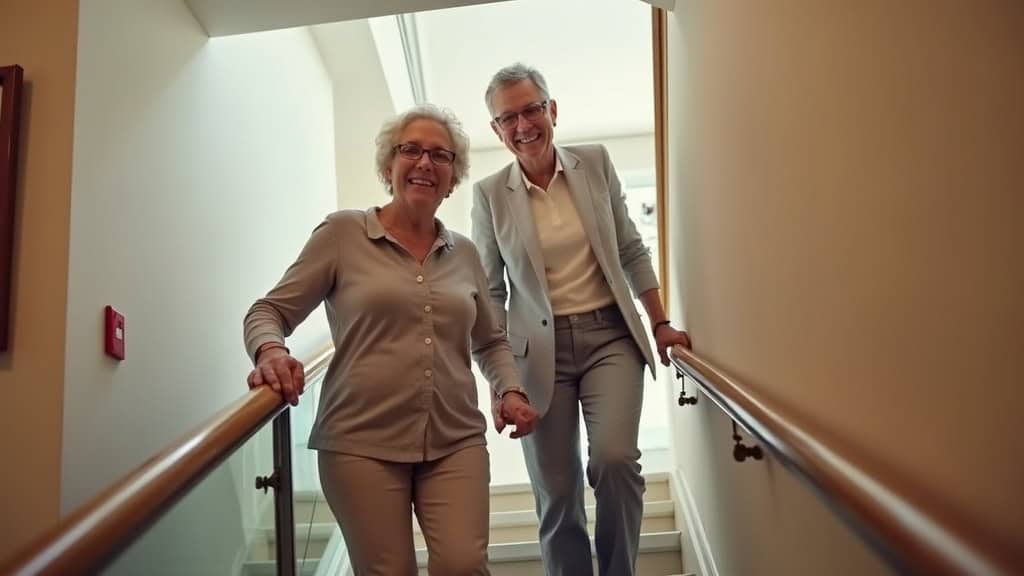Personne âgée utilisant un monte-escalier tournant pour monter les marches, souriante, dans un intérieur chaleureux à Proville