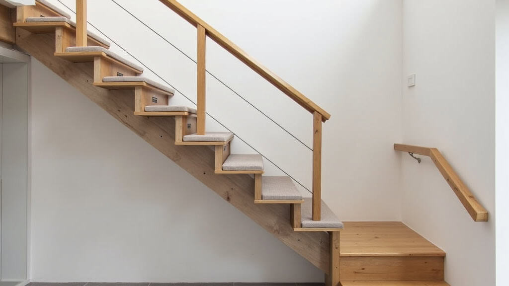 Monte-escalier droit installé dans un escalier en bois à Quéven, avec siège en tissu gris et rail en aluminium