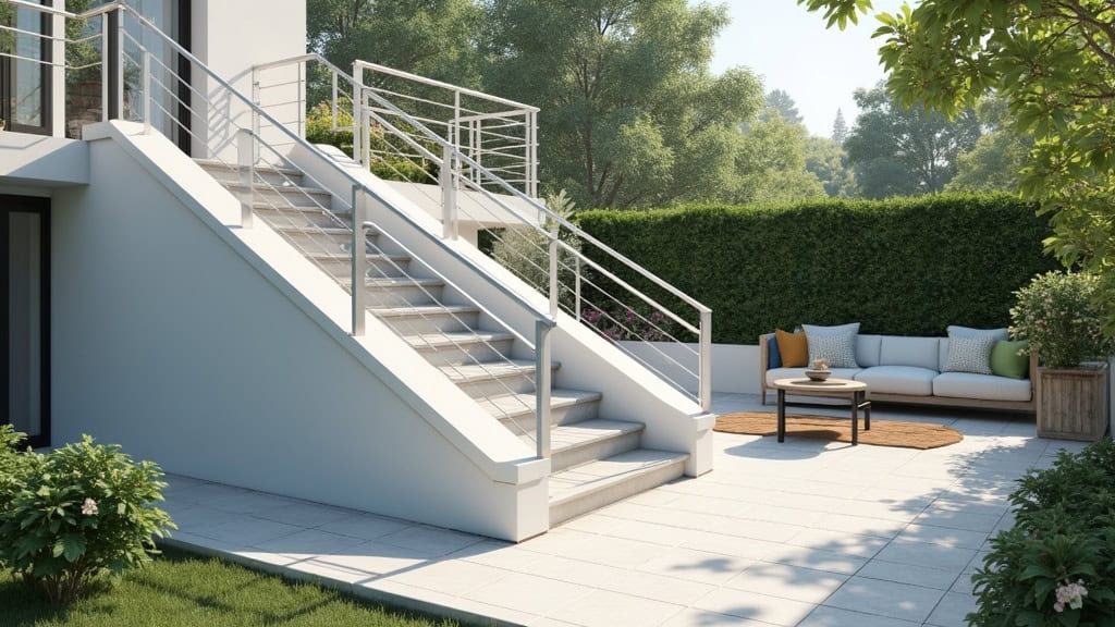 Monte-escalier extérieur en aluminium blanc avec siège replié, installé sur un escalier menant à un jardin à Quéven