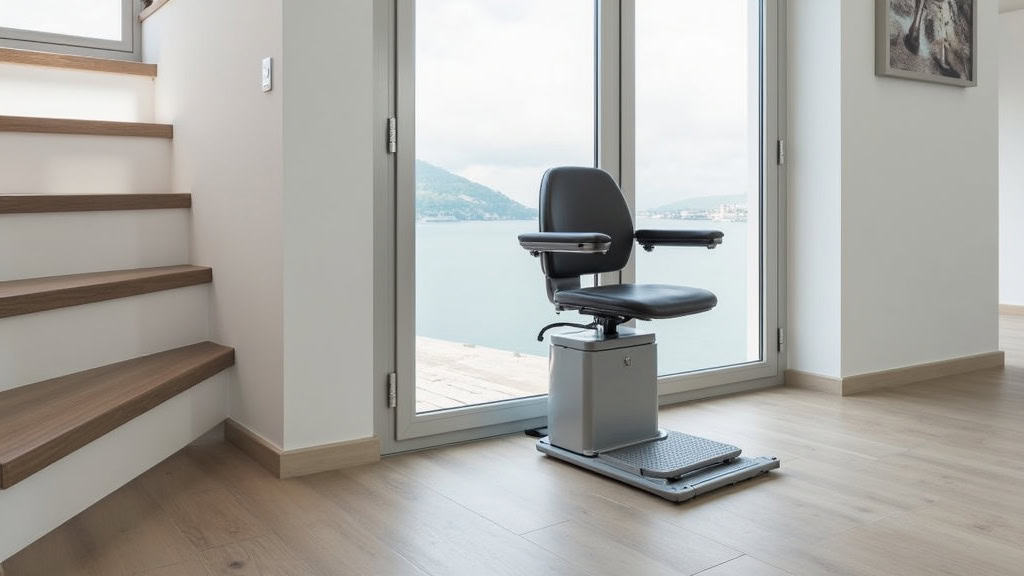 Plateforme élévatrice pour fauteuil roulant installée dans un escalier tournant à Quéven, avec système de sécurité et télécommande